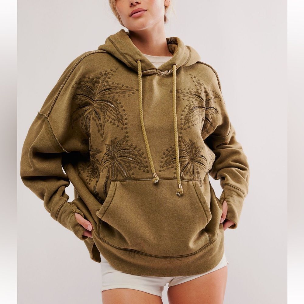 Free People We the Free Palm Springs Embroidered Hoodie in Fir Green